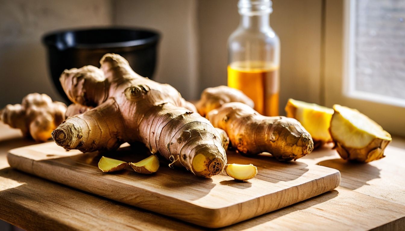 Instagram-style photo of fresh ginger root displayed in authentic real-life photography, captured with natural lighting like a phone camera. The scene shows knobby, tan-colored ginger rhizomes with their characteristic bumpy texture and fibrous skin, some pieces whole and others sliced to reveal the pale yellow, juicy interior with visible fiber strands. The composition features ginger arranged on a rustic wooden cutting board or kitchen counter, with casual real-world photography aesthetics showing detailed textures of the rough outer skin and the moist, aromatic flesh inside. Natural morning sunlight streams through a nearby window, creating realistic lighting that highlights the ginger's organic texture and natural golden-beige tones, with sharp focus on the intricate details of the root's surface. In the background, slightly out of focus, there are hints of a modern kitchen setting with perhaps a ceramic mortar and pestle or small glass bowl, suggesting everyday culinary use. The photograph captures an authentic everyday moment with lifelike colors, realistic depth of field, and the casual composition typical of TikTok real-life food photography, as if taken with a smartphone during meal preparation. The image conveys the fresh, natural quality of this ancient spice in a contemporary kitchen context, with detailed textures showing the fibrous, stringy nature of the ginger flesh and the papery, earth-toned skin that wraps around it.