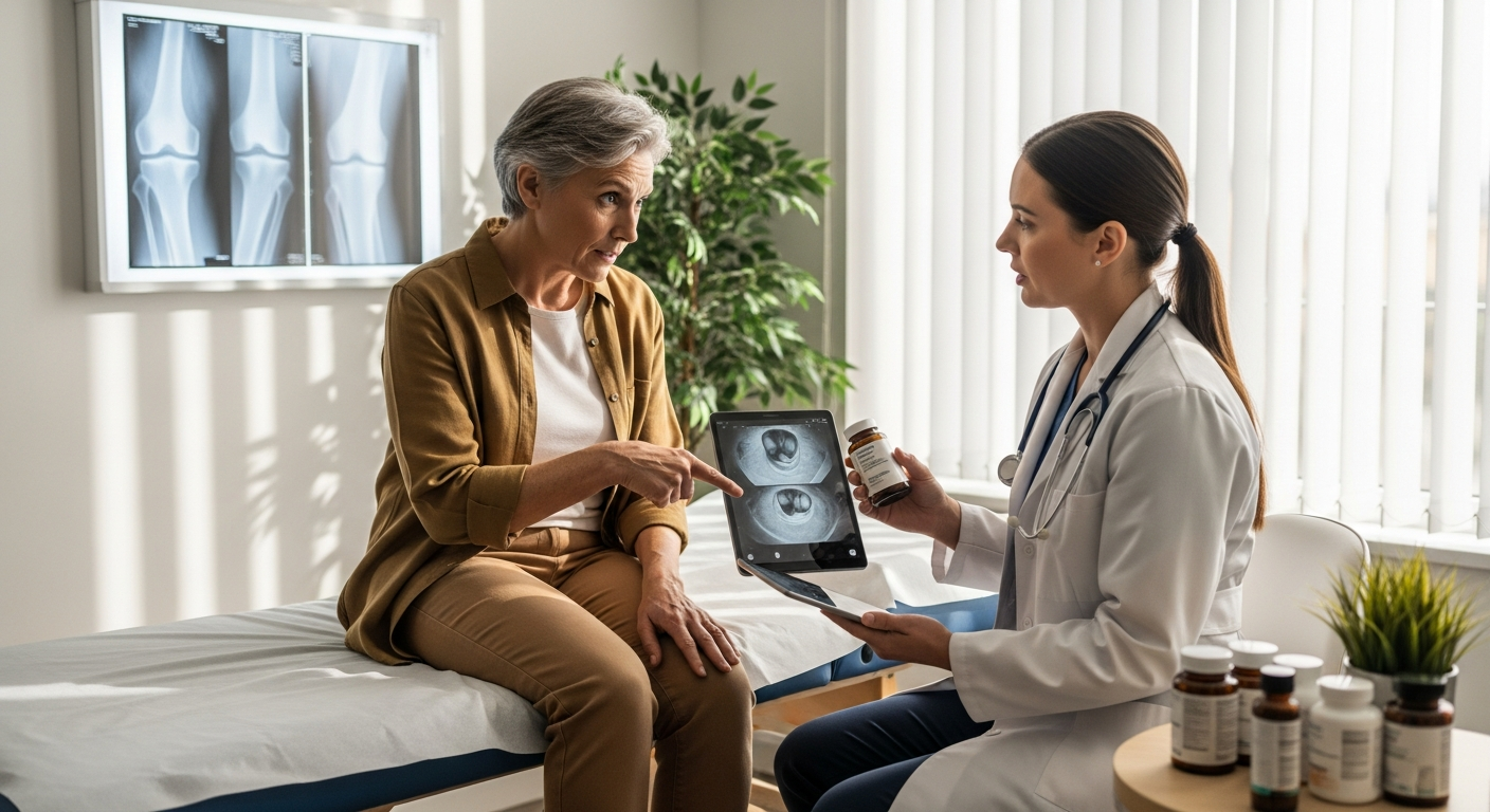 An Instagram-style photo capturing a real-life moment in a modern medical consultation room with natural lighting like a phone camera, showing a middle-aged person sitting on an examination table while pointing to their knee area, engaged in conversation with a healthcare professional in a white coat who is holding a tablet displaying medical imaging results. The scene includes authentic everyday medical equipment visible in the background - an X-ray lightbox mounted on the wall showing knee joint images, and a small table with various supplement bottles and natural remedy containers alongside prescription medication, illustrating the integration of conventional and holistic treatment approaches. The lighting is casual and realistic, streaming through a window creating natural shadows and highlights typical of smartphone photography, with sharp focus on the patient's concerned but hopeful expression and the doctor's attentive demeanor. The composition feels like a candid TikTok real-life photo of an actual medical appointment, with detailed textures visible on the medical equipment, the fabric of the examination table paper, and the authentic wear on the doctor's stethoscope hanging around their neck. The color palette features natural tones - the sterile whites and blues of the medical setting contrasted with warm skin tones and the earth-toned clothing of both individuals, captured with the slightly imperfect but genuine quality of social media photography that makes viewers feel like they're witnessing a real healthcare moment, emphasizing the collaborative decision-making process between patient and provider regarding knee treatment options.