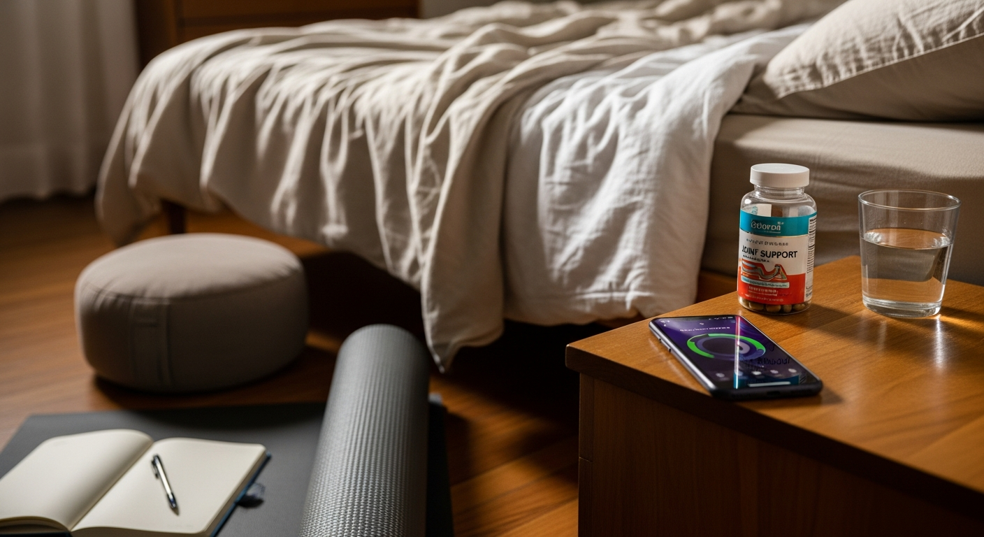 00 AM with a sleep tracking app visible on screen, alongside a small bottle of joint support supplements, a glass of water, and a meditation cushion on the floor nearby. The composition captures an authentic real-life moment of a wellness-focused morning routine, with the unmade bed suggesting someone just woke from a full night's rest. Natural lighting like a phone camera illuminates the scene with realistic soft morning glow, creating detailed textures on the linen sheets, wooden nightstand grain, and the translucent supplement bottle. A yoga mat partially rolled out on the hardwood floor and a journal with a pen suggest stress management practices, while the overall atmosphere conveys calm, healing, and restorative sleep. The photo has that casual real-world photography aesthetic typical of health and wellness TikTok content, with sharp focus on the supplement bottle in the mid-ground, natural colors showing warm beige and white tones, and authentic everyday moment composition that looks as if taken with a smartphone during someone's actual morning routine focused on knee health recovery and inflammation reduction through proper rest.