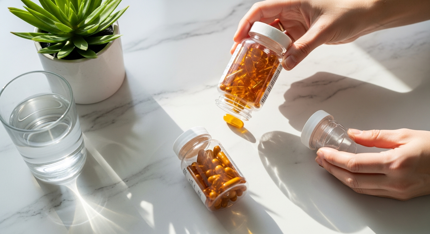 An authentic Instagram-style photo capturing a real-life moment of someone's hands holding two clear supplement bottles containing glucosamine and chondroitin capsules, photographed on a clean white marble kitchen counter with natural morning light streaming through a nearby window. The image shows detailed textures of the translucent amber-colored capsules visible through the plastic bottles, with one bottle slightly tilted to catch the light, creating realistic shadows and reflections on the polished stone surface. In the soft-focused background, there's a glass of water and a small potted succulent plant, adding to the authentic everyday wellness routine aesthetic typical of TikTok health content. The composition features the casual, slightly overhead angle characteristic of smartphone photography, with natural colors and sharp focus on the supplement bottles in the foreground while maintaining that genuine, unposed quality of real social media photography. The lighting has that soft, diffused quality typical of phone cameras near windows, creating lifelike highlights on the bottle labels and casting gentle shadows that add depth to this candid health and wellness moment captured as if taken spontaneously during a morning supplement routine.
