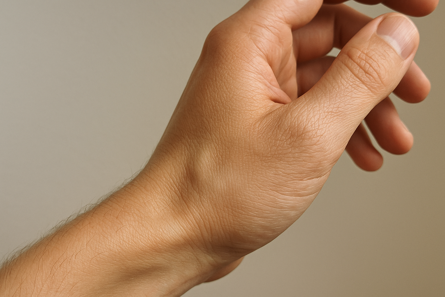 An Instagram-style close-up photo of a human hand captured in natural daylight, showing the detailed anatomy of the wrist and carpal joint area in a real-life medical or educational context. The photograph features authentic skin textures with visible creases, fine lines, and natural skin tone variations, taken with smartphone-quality lighting that creates soft shadows and highlights the three-dimensional structure of the hand and wrist. The image shows the lateral side of the wrist in sharp focus, with the hand positioned against a neutral background to emphasize the anatomical features where the forearm meets the hand, capturing the subtle bulges and contours that indicate the underlying joint capsule and ligament structures beneath the skin. Natural lighting like a phone camera illuminates the scene, creating realistic shadows in the natural creases of the wrist while highlighting the prominent bones and tendons visible through the skin surface. The photograph has the casual, authentic quality of a TikTok real-life photo or medical student's study documentation, with detailed textures showing pores, fine hairs, and the organic complexity of human skin in lifelike detail. The composition maintains sharp focus on the carpal region where multiple small bones articulate, with the natural positioning of fingers slightly curved as they would appear in an everyday moment, captured with the realistic lighting and natural colors typical of authentic social media photography documenting real human anatomy.
