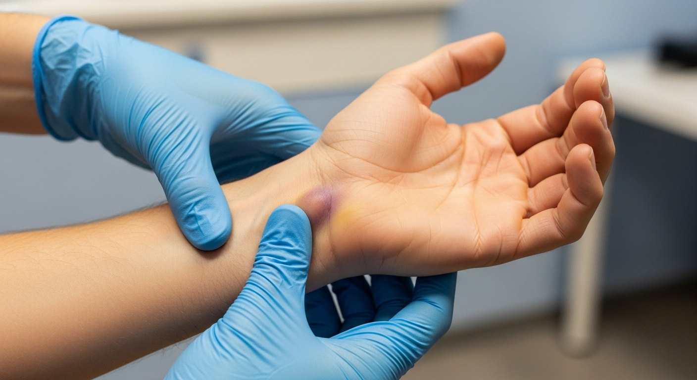 Instagram-style photo of a real-life medical moment captured in natural lighting, showing a close-up of a person's wrist and forearm being examined after an injury. The image shows someone's outstretched hand and wrist area with visible swelling or bruising near the distal radius region, photographed as if taken with a smartphone in a clinical or home setting. The composition includes authentic details like the natural skin texture, subtle discoloration from the injury, and the anatomical features of the carpal joint area clearly visible. A medical professional's hands wearing light blue latex gloves are gently palpating or examining the injured wrist, demonstrating the assessment of a potential Colles fracture. The lighting is natural and realistic, similar to what a phone camera would capture in an examination room or urgent care setting, with sharp focus on the wrist joint and detailed textures of skin, medical gloves, and the surrounding anatomy. The background shows a blurred clinical environment with neutral tones, creating an authentic everyday medical moment that looks like it could be shared on TikTok or Instagram to document a real injury experience. The photograph captures the vulnerable position of the wrist in extension, illustrating the mechanism of injury from falling onto an outstretched hand, with lifelike colors and realistic lighting that emphasizes the three-dimensional anatomy of the carpal joint area.