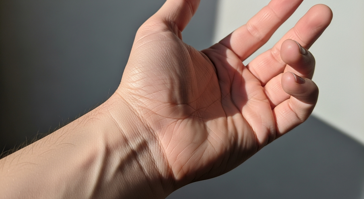 An authentic Instagram-style close-up photo of a human hand captured in natural daylight, showing the anatomical region where the scaphoid bone is located at the base of the thumb on the wrist's radial side. The real-life photograph features a person's hand positioned palm-up against a neutral background, with the wrist area in sharp focus revealing the natural skin texture, fine lines, and subtle bone contours beneath the surface. Natural lighting like a phone camera illuminates the hand, creating soft shadows that emphasize the three-dimensional structure of the carpal joint area, with the thumb slightly extended to highlight the scaphoid region near the wrist's thumb side. The authentic social media photography captures lifelike details including visible tendons, natural skin tone variations, and the subtle depression where the scaphoid bone sits in the anatomical snuffbox area between the thumb tendons. The casual real-world photography shows detailed textures of human skin with realistic lighting, sharp focus on the wrist joint, and natural colors that make the image look as if taken with a smartphone during an everyday moment. The composition emphasizes the delicate bone structure area with proper depth of field, showing the hand in a relaxed, natural position that clearly displays the carpal joint region where the scaphoid bone would be located beneath the skin.