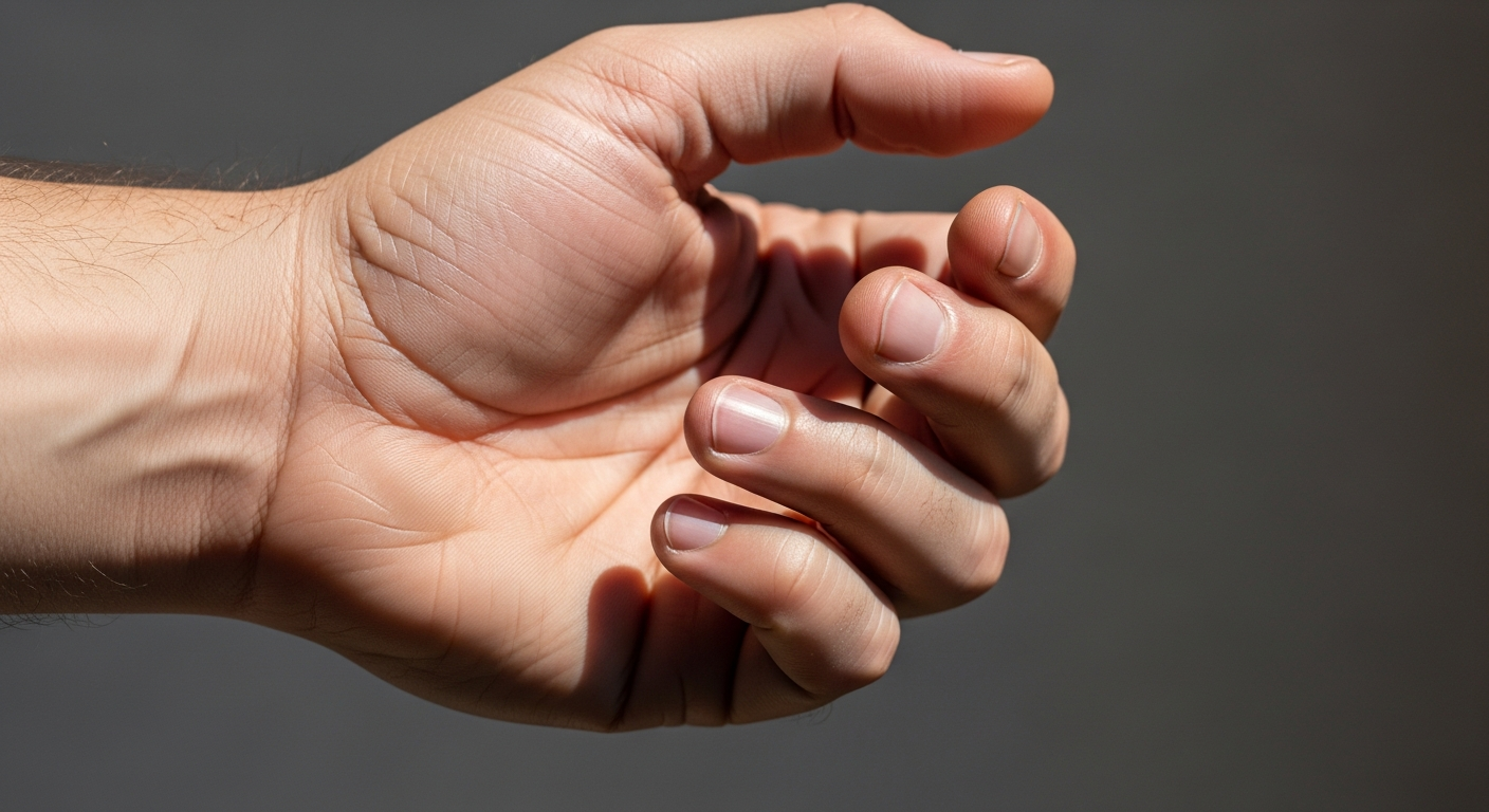 Instagram-style photo of a real human hand in natural daylight, captured in sharp focus with smartphone camera quality, showing the palm-side view with fingers slightly curled to emphasize the base of the palm where the hamate bone is located. The authentic social media photography features natural skin tones and textures, with the hand positioned against a neutral background in casual real-world lighting that creates subtle shadows defining the contours of the wrist and palm area. The real-life moment captured shows detailed textures of skin creases, lines, and natural imperfections typical of everyday smartphone photography, with the pinky-side edge of the palm prominently visible where the hook-like hamate bone would be anatomically positioned beneath the skin. The TikTok real-life photo aesthetic includes realistic lighting that highlights the three-dimensional structure of the hand's carpal region, with natural colors and lifelike depth of field as if taken with a modern phone camera during an authentic everyday moment. The composition focuses on the wrist-to-palm transition area with sharp, detailed textures showing the natural curves and valleys of the hand's surface, captured in the casual, unposed style characteristic of genuine social media content.