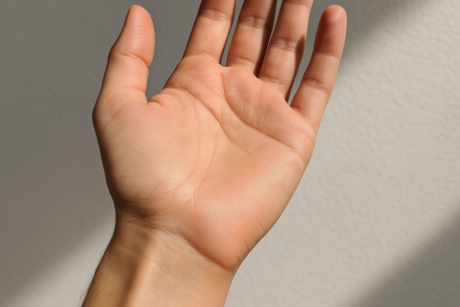 Instagram-style photo of a real human hand captured in natural daylight, showing the anatomical detail of the wrist area where the trapezoid bone is located, with the hand positioned palm-up in a relaxed pose against a clean, neutral background. The authentic social media photography captures the natural skin texture and contours of the carpal region, with the wrist slightly bent to emphasize the small, wedge-shaped bone area between the thumb and wrist joint. Natural lighting like phone camera illuminates the hand from above, creating subtle shadows that define the natural ridges and valleys of the wrist's surface anatomy, with sharp focus on the realistic skin tones ranging from the palm's lighter shade to the slightly darker tones along the wrist crease. The real-life moment captured shows lifelike details including fine lines, natural skin texture, and the subtle prominence of tendons and bone structure beneath the skin surface, as if taken with a smartphone during a casual medical education or anatomy demonstration. The composition is clean and minimalist, typical of TikTok real-life photo style, with the hand filling most of the frame to showcase the intricate carpal joint area in detailed, authentic everyday photography with realistic lighting and natural colors that emphasize the three-dimensional structure of the human wrist.