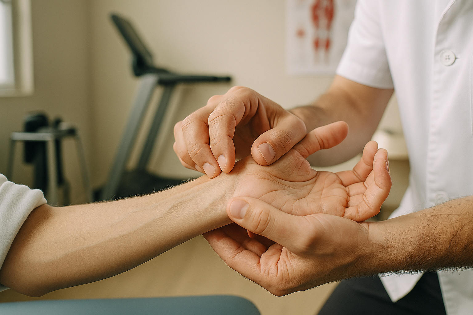Instagram-style photo capturing an authentic real-life moment of a physiotherapist's hands carefully examining a patient's wrist joint during a treatment session, shot with natural lighting like a phone camera in a modern clinical setting. The image shows detailed textures of human skin, the intricate positioning of fingers as they gently palpate and assess the wrist's anatomical structures, with visible tendons and bone contours beneath the surface creating natural shadows and depth. The composition features sharp focus on the hands in the foreground, with soft bokeh blur of medical equipment and anatomy charts visible in the background, creating that casual real-world photography aesthetic typical of TikTok medical education content. Natural colors dominate the scene - the warm skin tones, the crisp white of a medical professional's coat sleeve partially visible, and the neutral beige tones of the treatment room, all captured with realistic lighting that shows the authentic everyday moment of hands-on physiotherapy assessment. The photograph conveys the intimate connection between understanding anatomical structure and delivering effective treatment, with the careful, knowledgeable touch of the practitioner's fingers mapping the complex network of bones, ligaments, and joints that comprise the wrist, shot as if taken with a smartphone to document this genuine therapeutic interaction.