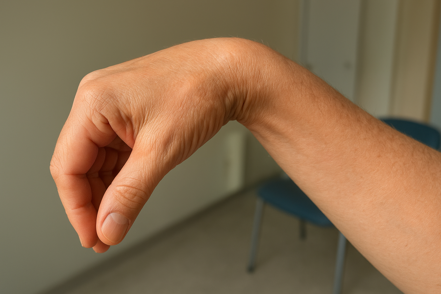 An authentic Instagram-style photo capturing a real-life moment of a person's hand and wrist demonstrating a specific anatomical movement, shot with natural lighting like a phone camera in a casual clinical or educational setting. The image shows a close-up view of a human hand and forearm in sharp focus with detailed skin textures, as the wrist transitions through a combined motion of flexion (bending the hand downward toward the palm side) while simultaneously deviating toward the ulnar side (pinky finger side). The photograph captures this dynamic movement with realistic lighting that highlights the natural contours of the tendons, bones, and soft tissue structures visible beneath the skin, showing the hand curving downward and inward in a fluid, natural motion. The background is softly blurred in typical smartphone photography style, with the focus entirely on the anatomical demonstration, featuring lifelike skin tones, natural shadows cast by the hand position, and the authentic texture of human skin with visible fine lines and natural coloring. The composition resembles a TikTok real-life photo or educational social media content, captured in a casual real-world photography style with the kind of depth of field and color balance typical of modern smartphone cameras, showing an everyday moment of physiotherapy demonstration or medical education with sharp detail on the wrist joint area and the characteristic positioning that illustrates this specific biomechanical movement.