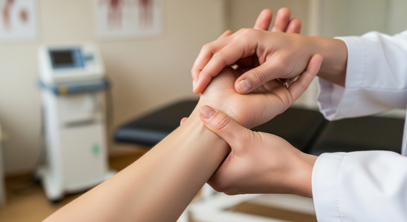 Instagram-style photo capturing an authentic real-life moment of a physiotherapist's hands carefully examining a patient's wrist joint during a treatment session, shot with natural lighting like a phone camera in a modern clinical setting. The image shows detailed textures of human skin, the intricate positioning of fingers as they gently palpate and assess the wrist's anatomical structures, with visible tendons and bone contours beneath the surface creating natural shadows and depth. The composition features sharp focus on the hands in the foreground, with soft bokeh blur of medical equipment and anatomy charts visible in the background, creating that casual real-world photography aesthetic typical of TikTok medical education content. Natural colors dominate the scene - the warm skin tones, the crisp white of a medical professional's coat sleeve partially visible, and the neutral beige tones of the treatment room, all captured with realistic lighting that shows the authentic everyday moment of hands-on physiotherapy assessment. The photograph conveys the intimate connection between understanding anatomical structure and delivering effective treatment, with the careful, knowledgeable touch of the practitioner's fingers mapping the complex network of bones, ligaments, and joints that comprise the wrist, shot as if taken with a smartphone to document this genuine therapeutic interaction.