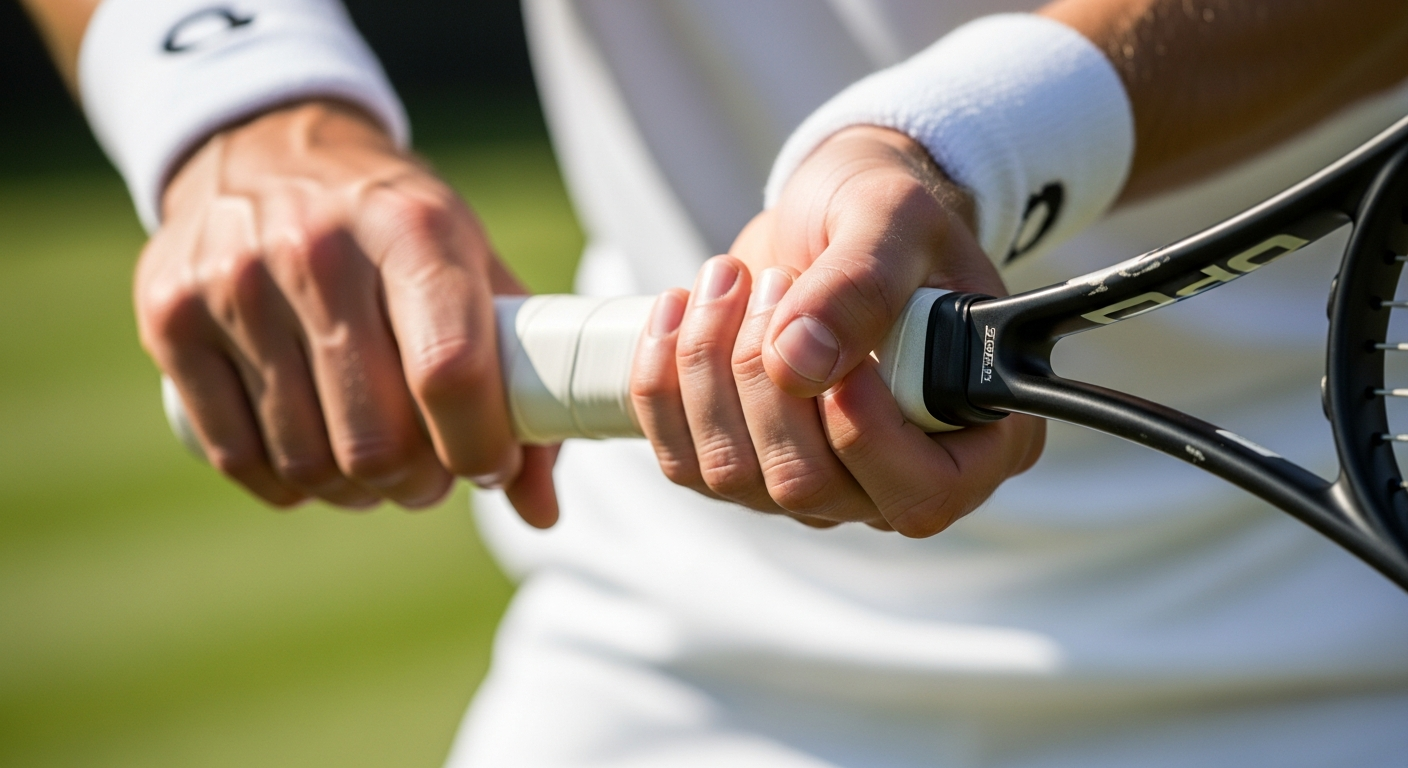 Instagram-style photo of an athletic moment captured in real-life, showing a tennis or golf athlete's hands gripping their racket or club during play, with natural lighting like a phone camera highlighting the detailed texture of their wrist and hand position. The authentic social media photography captures the exact moment of impact or swing, with sharp focus on the base of the palm near the pinky side where the hamate hook bone would be located, showing the natural stress and pressure point on the hand during athletic activity. The real-life moment features realistic lighting that emphasizes the anatomical structure of the wrist area, with the athlete wearing typical sports attire like a tennis outfit or golf glove, photographed as if taken with a smartphone during an actual game or practice session. The casual real-world photography shows detailed textures of skin, the grip tape or leather of the sports equipment, and the natural positioning of fingers wrapped around the handle, with authentic everyday moment composition that captures the vulnerability of this specific wrist area to injury. The TikTok real-life photo aesthetic includes natural colors, lifelike skin tones, and the genuine tension in the hand and wrist muscles during the athletic motion, with proper depth of field that keeps the hand and wrist area in sharp focus while slightly blurring the background of a tennis court or golf course.
