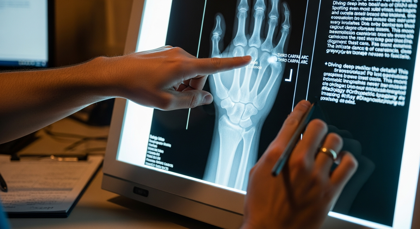 An Instagram-style photo capturing a real-life moment in a medical radiology department, showing an authentic everyday scene of a radiologist or orthopedic specialist examining wrist X-ray images displayed on a modern backlit viewing screen. The photograph, taken with natural lighting like a phone camera, shows detailed close-up of actual radiographic films of a human wrist and carpal bones mounted on the light box, with the specialist's hands pointing to the third carpal arc area where a subtle disruption or irregularity is visible in the bone alignment. The real-life moment captured shows the clinical setting with sharp focus and detailed textures, featuring the characteristic grayscale patterns of genuine X-ray images showing the intricate bone structures of the wrist, including the radius, ulna, and the eight carpal bones arranged in their natural anatomical position. The authentic social media photography style emphasizes the realistic lighting from both the viewing screen's backlight and the ambient fluorescent lights of the medical facility, creating natural shadows and highlights on the specialist's hands and the surrounding workspace. The casual real-world photography captures lifelike details such as the texture of the X-ray film, the metallic surface of the viewing box, and possibly a medical chart or notes visible in the background, all photographed as if taken with a smartphone during an actual diagnostic consultation. The composition shows realistic depth of field with the X-ray images in sharp focus while the background medical office environment appears naturally slightly blurred, maintaining the authentic TikTok real-life photo aesthetic of a genuine clinical teaching or diagnostic moment.