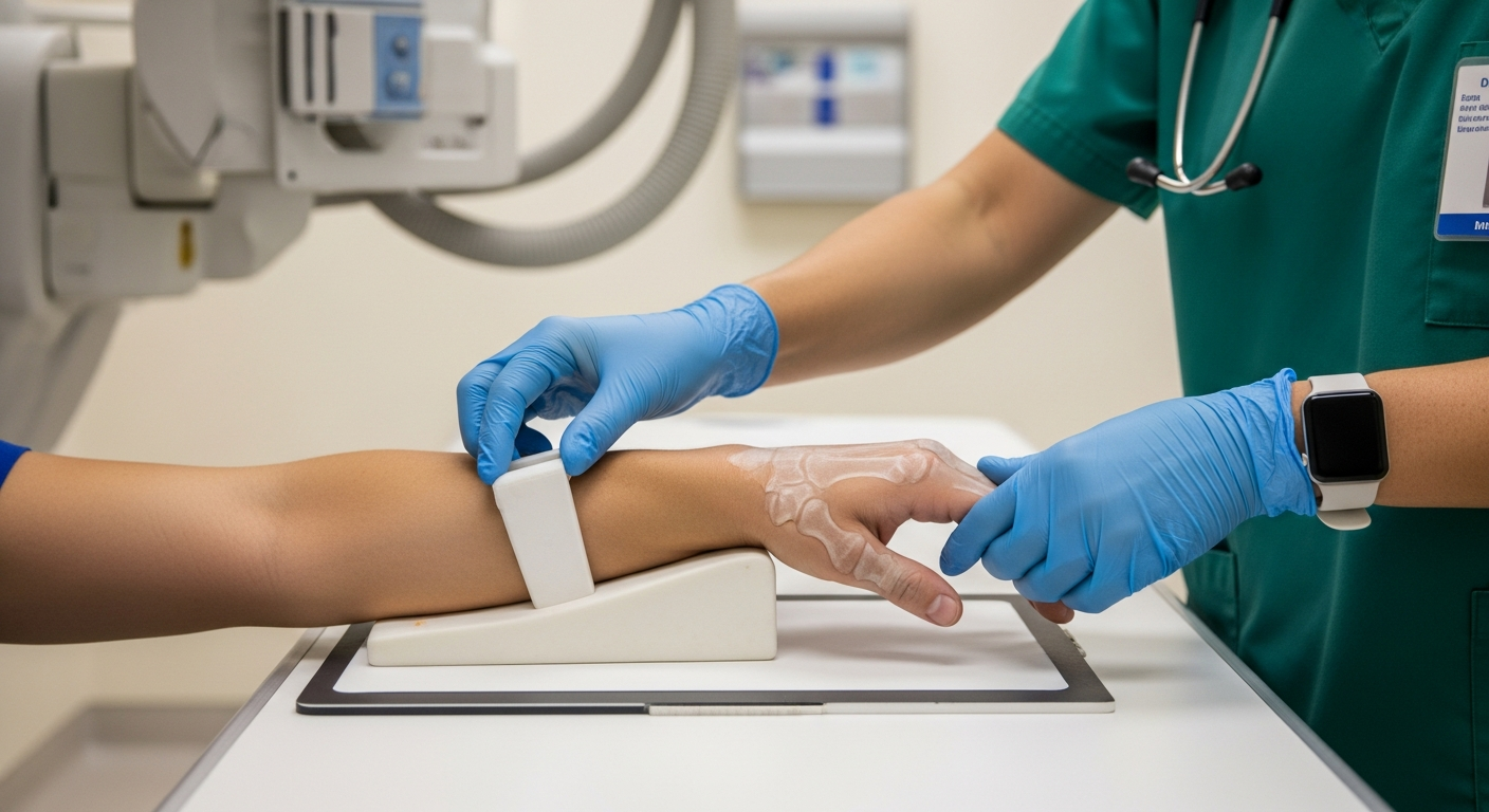 An Instagram-style photo captured in a real-life medical setting showing a radiologic technician positioning a patient's hand for an oblique wrist X-ray examination, with natural fluorescent lighting typical of a hospital radiology department. The authentic social media photography shows the patient's hand carefully angled on the X-ray plate in the specific oblique position used to visualize the scaphoid bone, with the technician's gloved hands gently adjusting the wrist angle to approximately 45 degrees. The scene captures this everyday medical moment with realistic lighting and sharp focus on the detailed textures of the medical equipment, the positioning sponge or wedge supporting the hand, and the clinical environment in the background. The TikTok real-life photo aesthetic shows the genuine interaction between healthcare provider and patient, with the X-ray machine's positioning arm visible in the frame, creating an authentic behind-the-scenes glimpse of diagnostic imaging procedures. Natural colors dominate the scene – the beige or gray tones of medical equipment, the blue or purple of nitrile gloves, and the neutral walls of the radiology room, all captured as if taken with a smartphone during an actual clinical procedure. The casual real-world photography style emphasizes the practical, hands-on nature of obtaining proper radiographic views for suspected wrist injuries, with lifelike depth of field that keeps the hand positioning in sharp focus while the background equipment softly blurs, creating that authentic everyday moment feel typical of medical professional social media posts.
