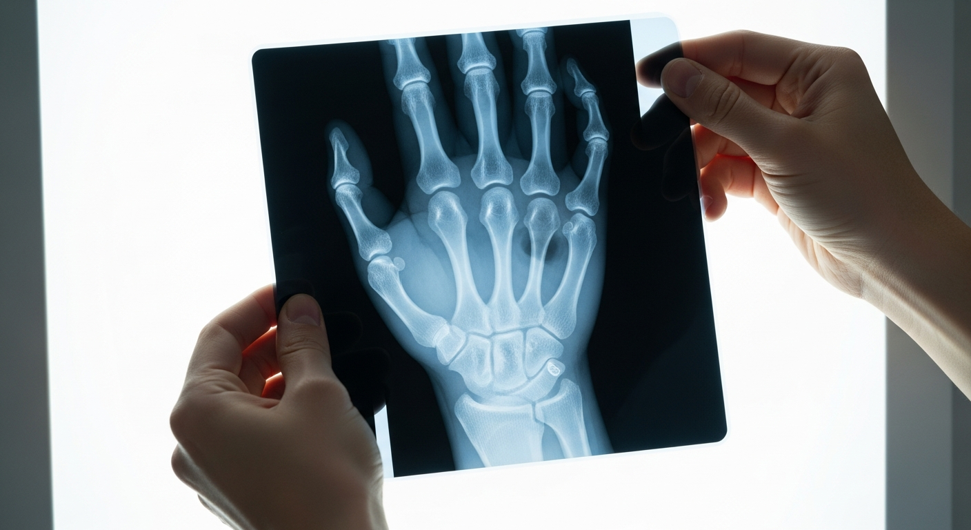Instagram-style photo of a medical professional's hands holding an X-ray film of a human wrist against a backlit viewing panel in a clinical setting, captured with natural lighting like a phone camera. The radiograph clearly displays the intricate arrangement of the eight carpal bones in their natural anatomical positions, with the scaphoid, lunate, triquetrum, pisiform, trapezium, trapezoid, capitate, and hamate bones visible in crisp detail against the illuminated background. The photograph shows authentic everyday moment in a healthcare environment, with the medical practitioner's fingers naturally gripping the edges of the translucent X-ray film, realistic lighting creating subtle shadows and highlights on both the film and the hands. The composition captures sharp focus on the detailed bone structures within the wrist radiograph, showing the proper spatial relationships between each carpal bone, while the background softly blurs to emphasize the X-ray as the focal point, creating depth of field typical of smartphone photography. The image has natural colors with the characteristic blue-gray tones of medical X-ray films, lifelike textures of human skin on the hands, and the matte surface of the radiographic film, all photographed in a casual real-world photography style that looks authentic and unposed. The lighting appears natural and ambient, as if taken with a smartphone in a real medical office or teaching environment, with detailed textures visible on both the anatomical structures within the X-ray and the physical film material itself, creating an authentic social media photography aesthetic that could be shared on TikTok or Instagram for educational purposes.