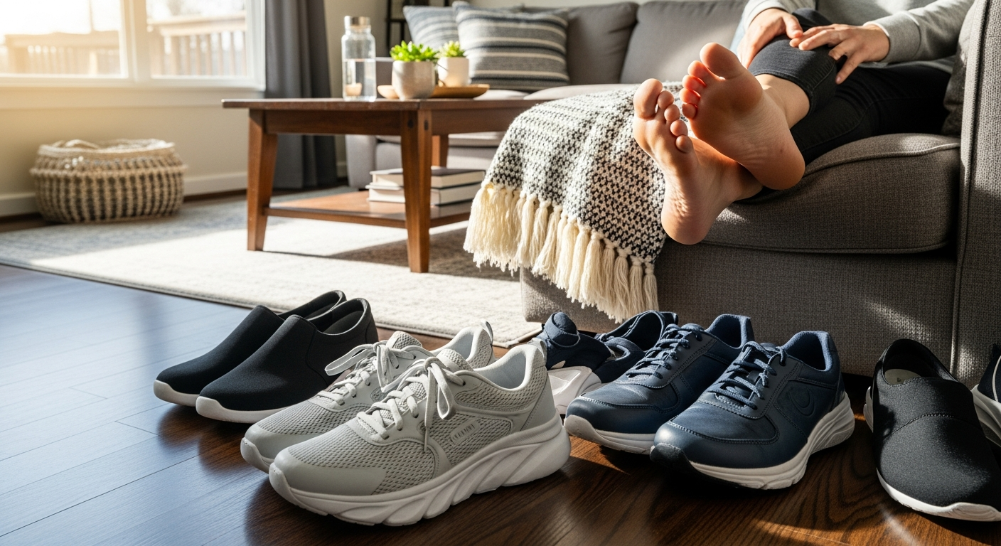 Instagram-style photo capturing an authentic real-life moment of someone sitting on a comfortable couch in natural window lighting, examining their bare feet while several pairs of supportive athletic and orthopedic shoes are arranged on the floor beside them. The scene shows detailed textures of various footwear types including cushioned sneakers with thick soles, supportive walking shoes with arch support, and comfortable slip-on shoes with wide toe boxes, all photographed with the casual composition typical of TikTok real-life photography. Natural afternoon sunlight streams through nearby windows, creating soft shadows and highlighting the realistic textures of shoe materials, fabric upholstery, and hardwood flooring, captured with the sharp focus and natural colors characteristic of smartphone photography. The person's feet are in clear view showing natural skin tones and realistic details, positioned as if they're carefully considering which shoes to wear for joint comfort, creating an authentic everyday moment that feels like genuine social media content. The composition includes lifelike elements like a coffee table with a water bottle, cozy home decor in the background, and the relaxed, candid atmosphere of someone managing their foot health in their own living space, all photographed with the natural lighting and casual real-world photography style typical of health and wellness Instagram posts.