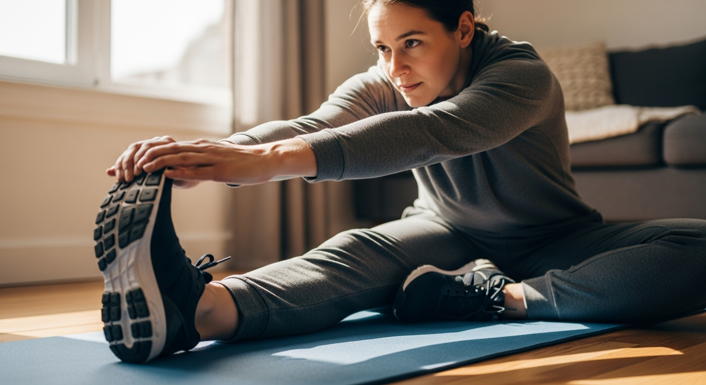 Instagram-style photo capturing an authentic real-life moment of someone performing a gentle Achilles tendon stretch exercise, shot with natural lighting like a phone camera. The image shows a person in comfortable athletic wear sitting on a yoga mat or carpeted floor in a bright, casual home setting, with their leg extended forward while using their hands or a resistance band to gently flex their foot toward their body, demonstrating the therapeutic stretch that targets the Achilles tendon area. The composition features sharp focus on the detailed textures of the person's athletic shoes or bare feet, the natural wrinkles in their clothing, and the realistic shadows cast by window light creating that authentic everyday moment feel typical of TikTok real-life photography. The background shows a lived-in space with soft, diffused daylight streaming through windows, capturing the casual real-world photography aesthetic with natural colors and lifelike skin tones, as if taken with a smartphone during a genuine home workout session. The person's facial expression conveys concentration and relief, with visible details like the natural tension in their hands as they perform the stretch, realistic muscle definition in their leg, and the authentic textures of the exercise mat beneath them, all photographed with the slightly imperfect but relatable quality of authentic social media photography that emphasizes the practical, accessible nature of this pain-relief exercise.