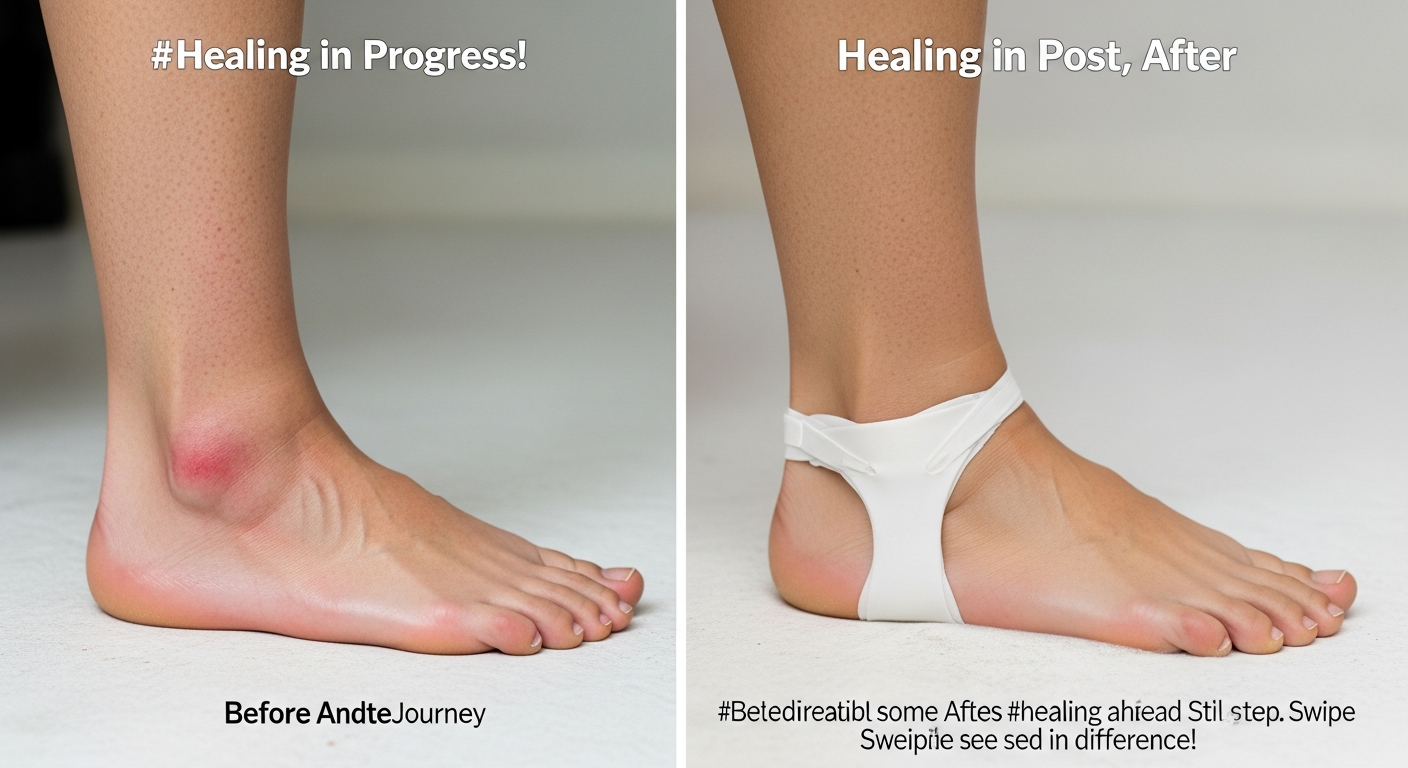 Instagram-style photo capturing an authentic real-life medical moment showing two side-by-side close-up views of an adult's foot and ankle in natural indoor lighting, as if taken with a smartphone camera. The left side shows a foot with visible signs of arthritis - slightly swollen joints around the ankle area, subtle redness, and the natural texture of aging skin with realistic detail and sharp focus. The right side displays the same foot after bone fusion healing, appearing more stable and aligned with natural skin tones and textures clearly visible. The photograph is taken from a slightly elevated angle on a clean medical examination table with soft, diffused natural window light creating authentic shadows and highlights typical of TikTok real-life medical documentation photos. Both feet are bare, showing detailed skin texture, natural color variations, and the realistic appearance of healed surgical intervention where bones have fused together, captured with the casual composition and lifelike quality of authentic social media health journey photography. The background is intentionally blurred with shallow depth of field, keeping focus on the feet while maintaining the genuine, unpolished aesthetic of real-world patient documentation photos shared on social platforms.