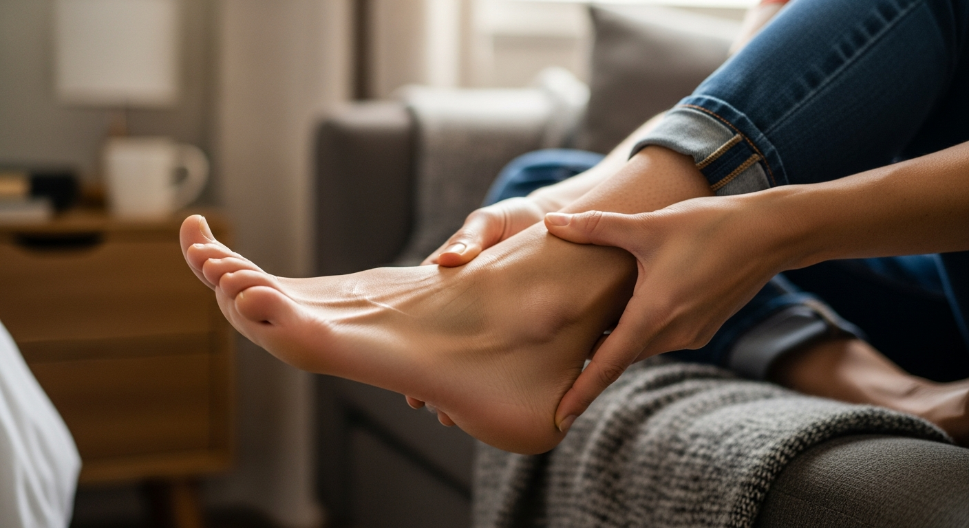 An authentic Instagram-style photo capturing a real-life moment of someone examining their bare foot and ankle in natural indoor lighting, as if taken with a smartphone camera. The image shows a close-up perspective of hands gently touching and assessing the ankle joint area, with the person seated on a neutral-colored couch or bed, wearing casual home clothing like rolled-up jeans or comfortable pants. The lighting is soft and natural, streaming through a nearby window, creating realistic shadows and highlighting the detailed textures of skin, fabric, and the surrounding home environment. The composition has the casual, candid quality of a TikTok real-life photo, with sharp focus on the foot and ankle area while the background softly blurs, showing glimpses of a lived-in space like a bedroom or living room with everyday items visible. The color palette features natural, muted tones - warm skin tones, soft fabric colors, and authentic home decor elements - all captured with the realistic lighting and depth of field characteristic of modern smartphone photography. The overall mood conveys a genuine, relatable moment of self-care and health awareness, with lifelike details in the wrinkles of fabric, the natural contours of the foot and ankle, and the authentic textures of the surrounding environment, making it look like a real everyday moment someone would share on social media to document their health journey.