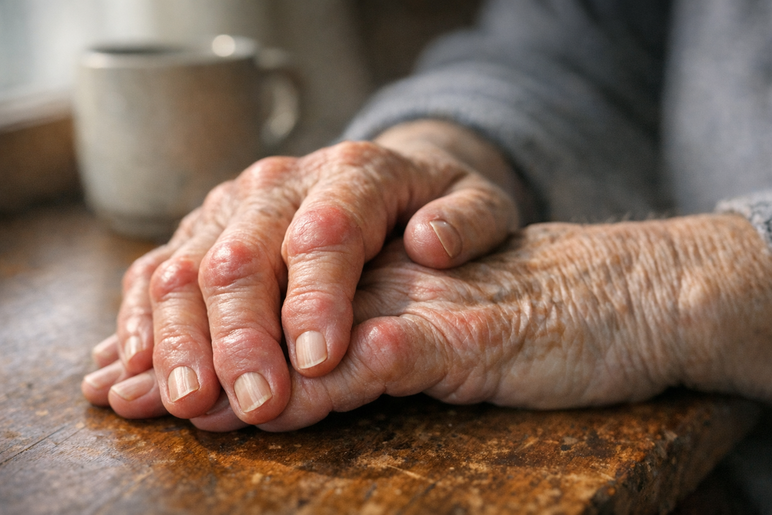 A close-up photograph of weathered hands with swollen, reddened knuckles resting gently on a wooden table surface, natural morning light streaming through a nearby window creating soft shadows and highlighting the texture of aging skin. The hands show visible joint inflammation with slightly bent fingers, captured in warm, muted tones typical of authentic documentary-style photography. A simple ceramic mug sits blurred in the background, while the focus remains sharp on the arthritic joints and the gentle, lived-in quality of the hands. The composition uses shallow depth of field with natural window lighting creating a compassionate, intimate portrait that feels genuine and unfiltered, shot in the style of real-life health documentation photography.