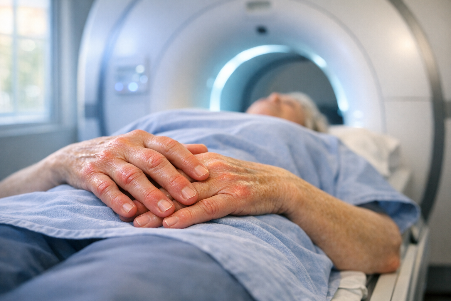 A close-up medical photography scene showing a patient lying on their back on a modern MRI scanner bed, their hands resting naturally on their abdomen, visible swollen finger joints suggesting arthritis. The lighting is clinical yet soft, with the characteristic cool blue-white glow from the MRI machine's interior creating ambient illumination. The person's hands are in sharp focus in the foreground, showing subtle redness around the knuckles and finger joints. The massive circular opening of the MRI machine frames the composition in the background, its smooth white and grey surfaces reflecting the sterile hospital environment. Natural window light from the left side of the room adds warmth to balance the cool medical equipment lighting. The scene captures an authentic moment of modern medical diagnosis, shot in a documentary photography style with shallow depth of field, emphasizing the patient's arthritic hands while the high-tech diagnostic equipment provides context.