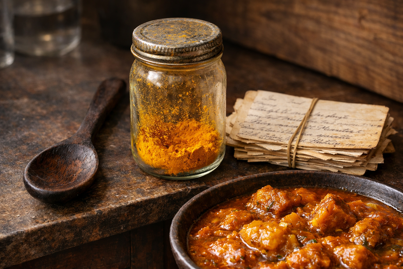 A weathered home cook's hands are captured mid-motion over a steaming clay pot, deliberately spooning a heaping measure of deep golden turmeric powder into a slow-simmering curry that has clearly been cooking for hours, the kitchen counter around her showing well-worn evidence of daily ritual — a stained wooden spoon, a nearly empty turmeric jar, a stack of handwritten recipe cards — shot from a close, slightly elevated angle in warm late-afternoon kitchen light filtering through a small window, the motion of the falling spice frozen mid-air in a soft golden cloud above the bubbling liquid, conveying deep habitual practice rather than casual curiosity.
