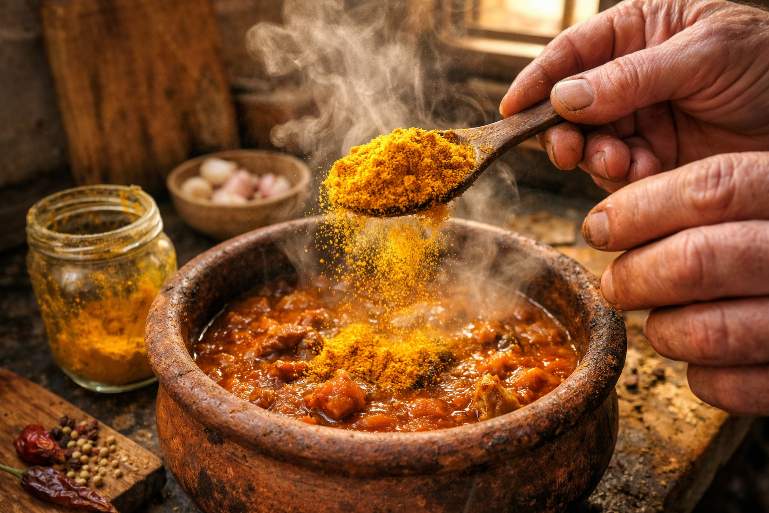 A weathered home cook's hands are captured mid-motion over a steaming clay pot, deliberately spooning a heaping measure of deep golden turmeric powder into a slow-simmering curry that has clearly been cooking for hours, the kitchen counter around her showing well-worn evidence of daily ritual — a stained wooden spoon, a nearly empty turmeric jar, a stack of handwritten recipe cards — shot from a close, slightly elevated angle in warm late-afternoon kitchen light filtering through a small window, the motion of the falling spice frozen mid-air in a soft golden cloud above the bubbling liquid, conveying deep habitual practice rather than casual curiosity.