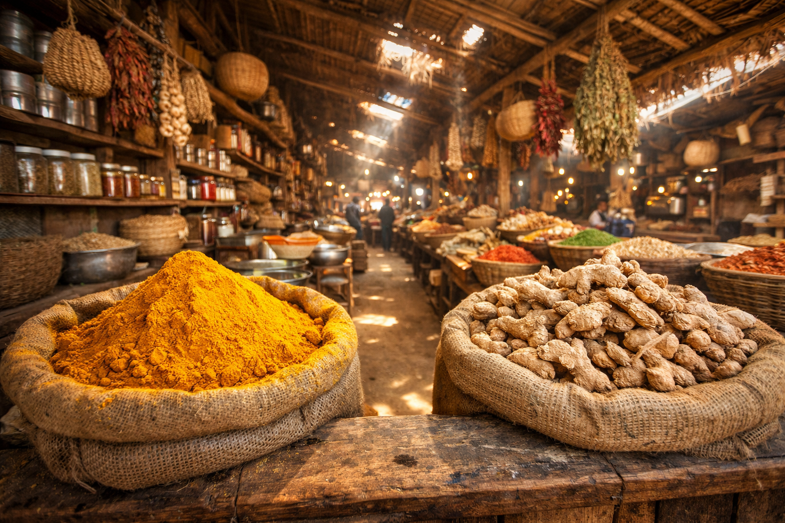 A wide-angle photograph taken inside a rustic wooden spice market stall in a South Asian bazaar, pulling back far enough to show the full sprawling environment — large open burlap sacks overflowing with vivid yellow turmeric powder and pale tan dried ginger root arranged side by side across a weathered wooden counter, the stall extending deep into the frame with hanging dried herbs and woven baskets lining the walls, warm afternoon sunlight filtering through gaps in the thatched roof casting long golden shafts across the dusty earthen floor, the overall atmosphere conveying abundance and ancient trade, no people visible, no text or signage readable, the sheer scale of the spice-filled environment filling the composition from foreground to background.