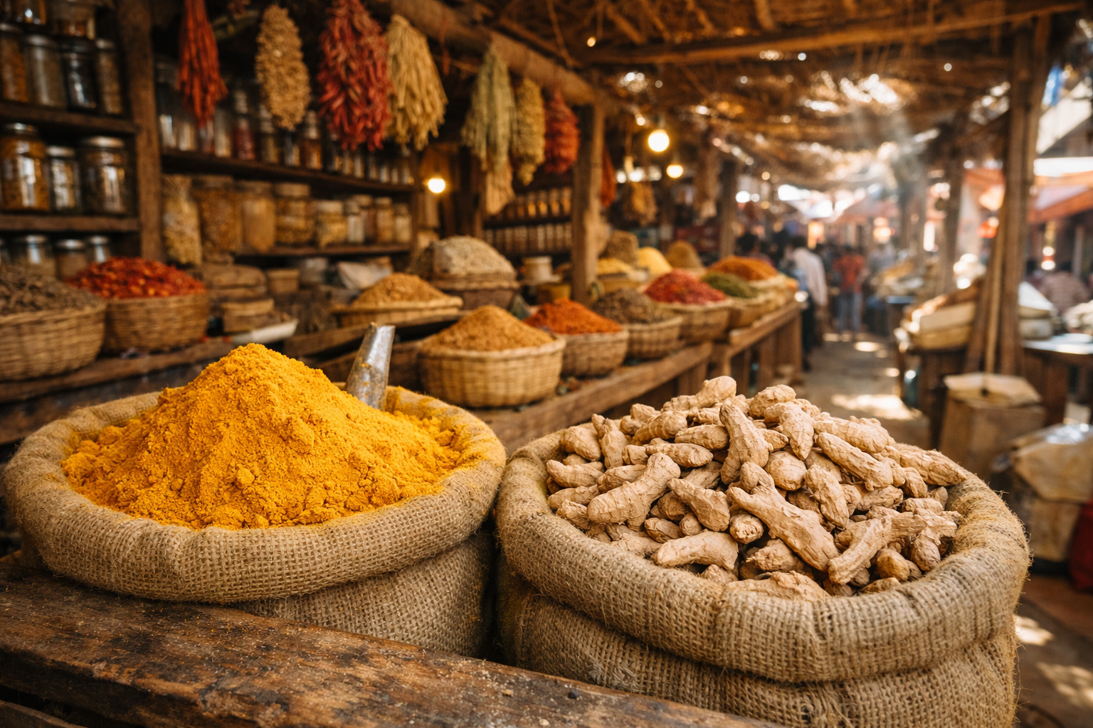 A wide-angle photograph taken inside a rustic wooden spice market stall in a South Asian bazaar, pulling back far enough to show the full sprawling environment — large open burlap sacks overflowing with vivid yellow turmeric powder and pale tan dried ginger root arranged side by side across a weathered wooden counter, the stall extending deep into the frame with hanging dried herbs and woven baskets lining the walls, warm afternoon sunlight filtering through gaps in the thatched roof casting long golden shafts across the dusty earthen floor, the overall atmosphere conveying abundance and ancient trade, no people visible, no text or signage readable, the sheer scale of the spice-filled environment filling the composition from foreground to background.