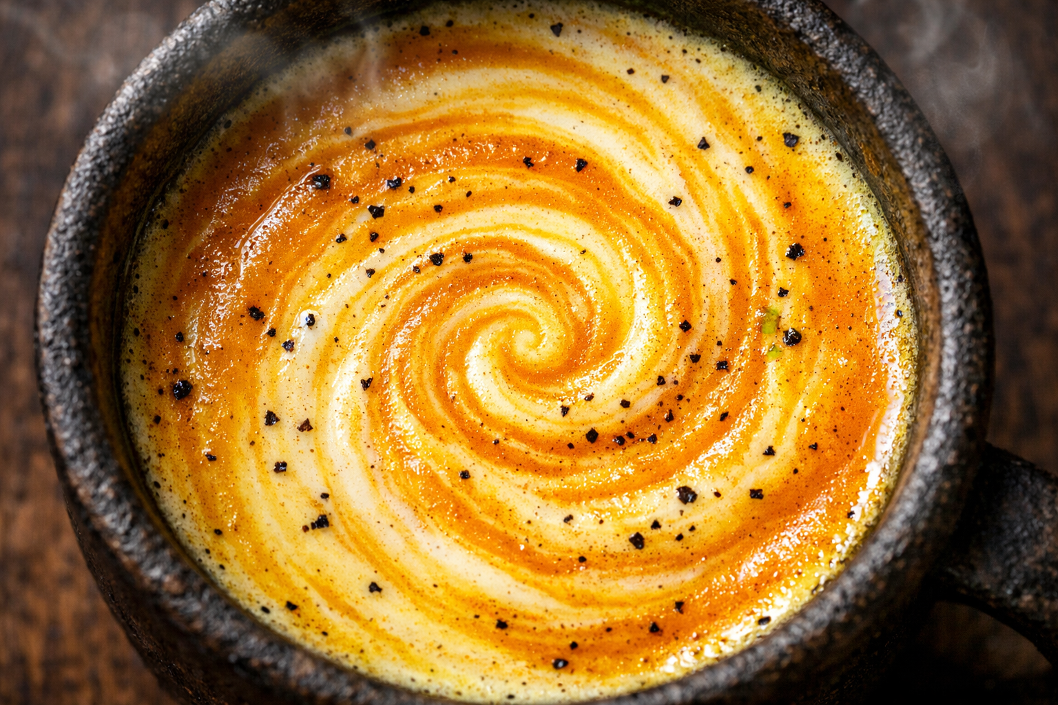 A close-up macro photograph of a ceramic mug filled with golden milk, shot from directly above, the surface of the liquid showing a swirling pattern of deep amber and creamy ivory where coconut milk and turmeric have partially blended but not fully mixed, tiny flecks of black pepper and a faint sheen of fat visible on the surface, the liquid catching warm natural window light that makes the golden hue glow from within, the rough matte texture of the dark clay mug rim visible at the edges of the frame, steam faintly rising and softening the upper corner of the image, the entire frame filled with the liquid surface and just enough of the mug's interior wall to ground the shot, shot with a shallow depth of field that keeps the swirling center in sharp focus while the edges dissolve slightly.