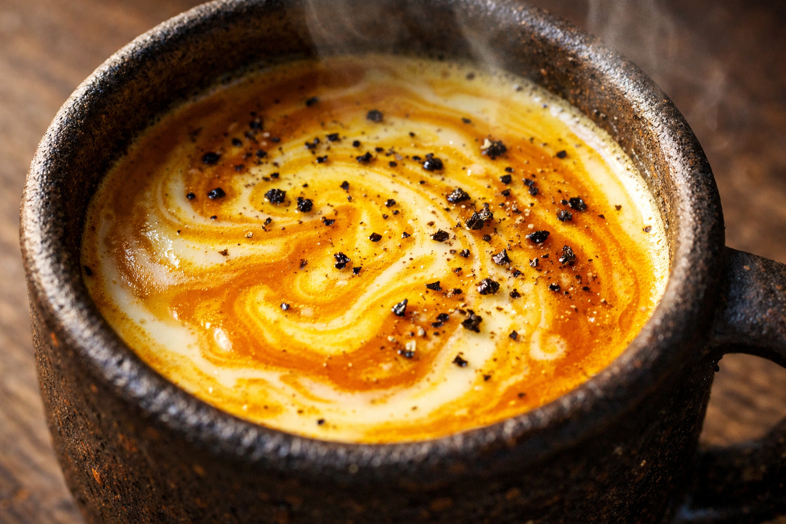 A close-up macro photograph of a ceramic mug filled with golden milk, shot from directly above, the surface of the liquid showing a swirling pattern of deep amber and creamy ivory where coconut milk and turmeric have partially blended but not fully mixed, tiny flecks of black pepper and a faint sheen of fat visible on the surface, the liquid catching warm natural window light that makes the golden hue glow from within, the rough matte texture of the dark clay mug rim visible at the edges of the frame, steam faintly rising and softening the upper corner of the image, the entire frame filled with the liquid surface and just enough of the mug's interior wall to ground the shot, shot with a shallow depth of field that keeps the swirling center in sharp focus while the edges dissolve slightly.