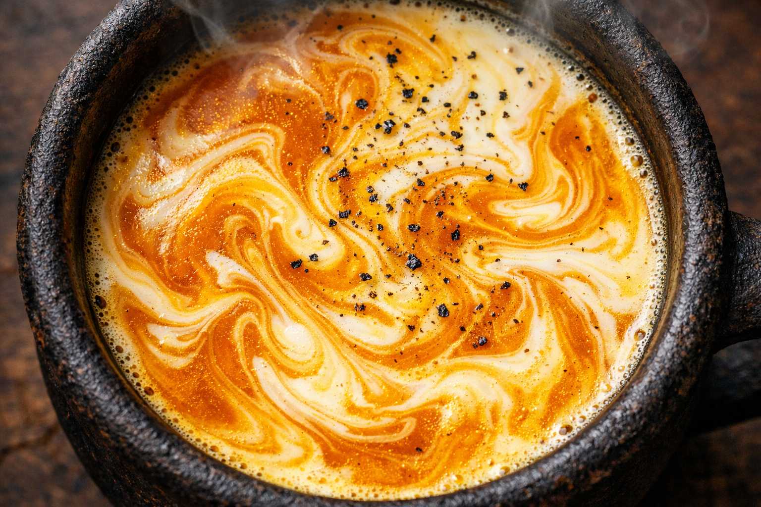 A close-up macro photograph of a ceramic mug filled with golden milk, shot from directly above, the surface of the liquid showing a swirling pattern of deep amber and creamy ivory where coconut milk and turmeric have partially blended but not fully mixed, tiny flecks of black pepper and a faint sheen of fat visible on the surface, the liquid catching warm natural window light that makes the golden hue glow from within, the rough matte texture of the dark clay mug rim visible at the edges of the frame, steam faintly rising and softening the upper corner of the image, the entire frame filled with the liquid surface and just enough of the mug's interior wall to ground the shot, shot with a shallow depth of field that keeps the swirling center in sharp focus while the edges dissolve slightly.