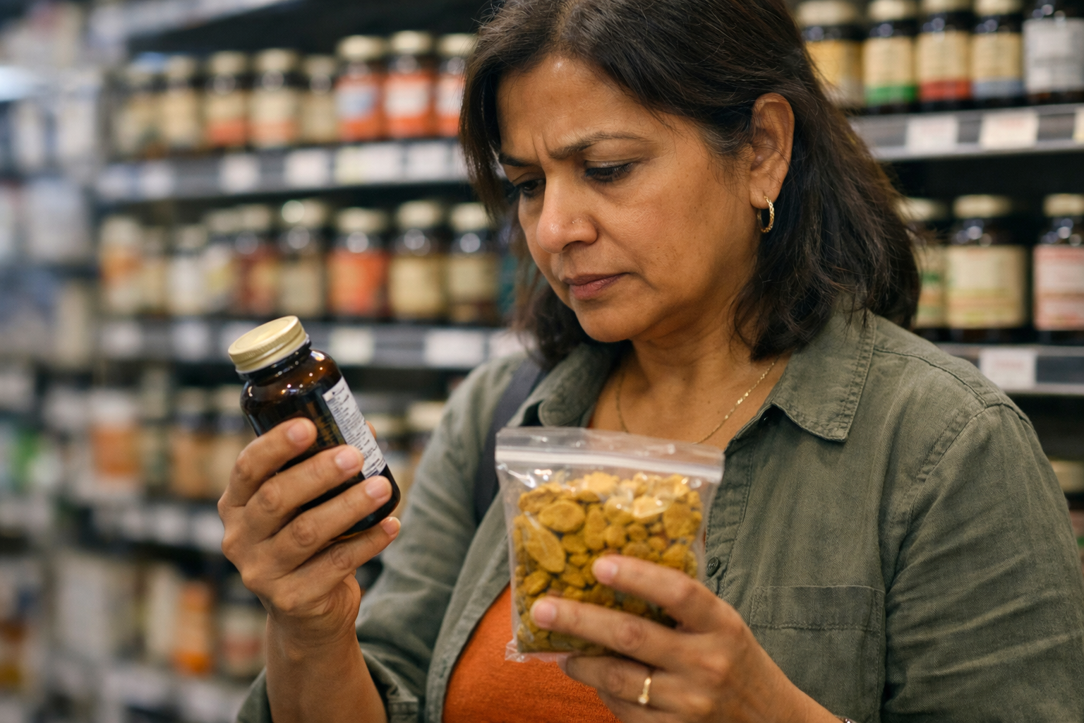 A middle-aged South Asian woman standing in a busy health food store aisle, caught in a candid moment of genuine concentration as she squints at the back label of a turmeric supplement bottle in one hand while holding a small bag of raw dried turmeric root in the other, her brow slightly furrowed in comparison, fluorescent store lighting overhead casting natural shadows, shallow depth of field blurring the shelves of amber supplement jars behind her, shot from a slight side angle at chest height as if photographed discreetly by a fellow shopper, no text visible in the image.