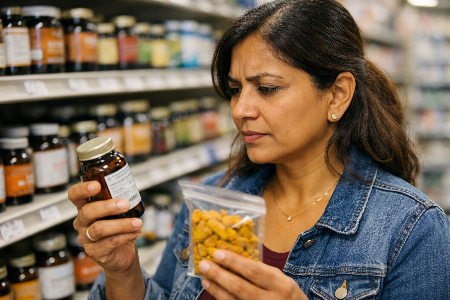 A middle-aged South Asian woman standing in a busy health food store aisle, caught in a candid moment of genuine concentration as she squints at the back label of a turmeric supplement bottle in one hand while holding a small bag of raw dried turmeric root in the other, her brow slightly furrowed in comparison, fluorescent store lighting overhead casting natural shadows, shallow depth of field blurring the shelves of amber supplement jars behind her, shot from a slight side angle at chest height as if photographed discreetly by a fellow shopper, no text visible in the image.